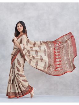 Fabindia - Beige Cotton Silk Blend Bagru Printed Saree