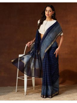 Fabindia - Cotton Silk Blend Indigo Hand Block Printed Saree