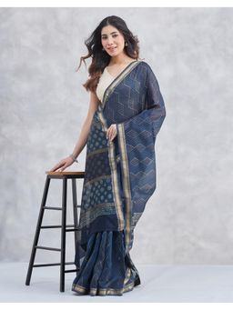 Fabindia - Indigo Cotton Silk Blend Hand Block Printed Saree