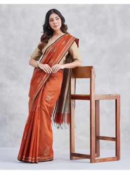 Fabindia - Rust Cotton Silk Hand Block Printed Saree