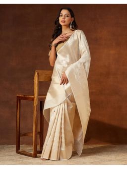 Fabindia - Off White Cotton Silk Blend Banarsi Saree