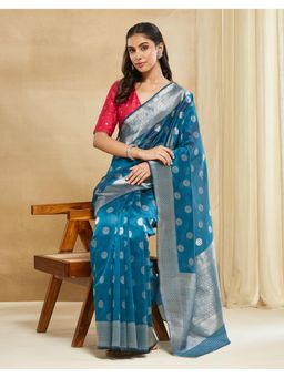 Fabindia - Blue Cotton Silk Blend Banarsi Saree