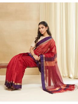Fabindia - Red Cotton Silk Blend Maheshwari Saree