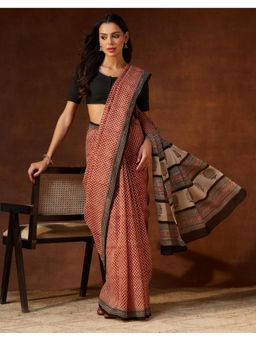 Fabindia - Red Cotton Silk Bagru Printed Saree