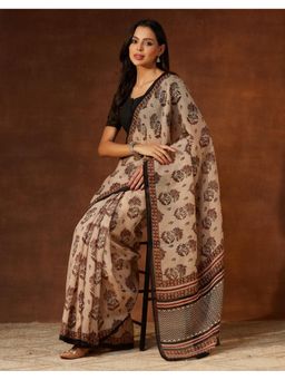 Fabindia - Beige Cotton Silk Bagru Printed Saree