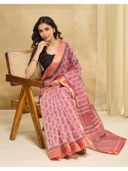 Fabindia - Pink Cotton Blend Hand Block Printed Saree
