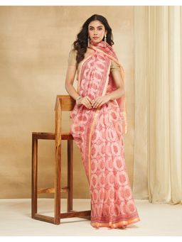 Fabindia - Pink Silk Blend Hand Block Printed Saree
