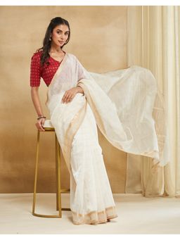 Fabindia - Off White Cotton Silk Blend Maheshwari Saree