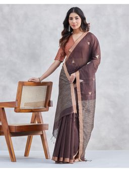 Fabindia - Brown Cotton Silk Blend Jamdani Saree