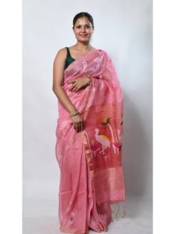 Biyahuti - Pink Women's Handloom Tissue Silk Linen Blend Hand Weaving Needle Work Saree