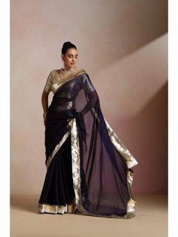 KLISHAA ART - Navy Blue Chiffon with Wide Gold Zari Border Saree