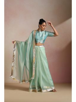 KLISHAA ART - Sea Green Shimmer Organza Gold Border Saree