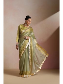 KLISHAA ART - Olive Green Organza Silk Gold Zari Border Saree
