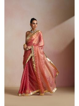 KLISHAA ART - Peach Pink Silk Gold Zari Border and Sequin Booti Saree