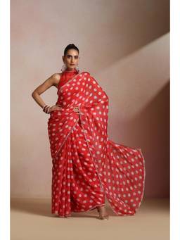 KLISHAA ART - Red Silk Polka Dot Sequin Border Saree