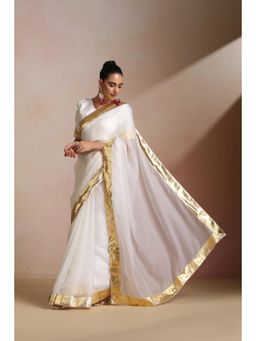 KLISHAA ART - White Organza Silk Wide Gold Kasavu Border Saree