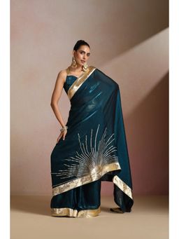 KLISHAA ART - Teal Blue Organza Gold Lampi Work Saree