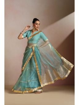 KLISHAA ART - Blue Organza Gold Lampi Lace Work Saree