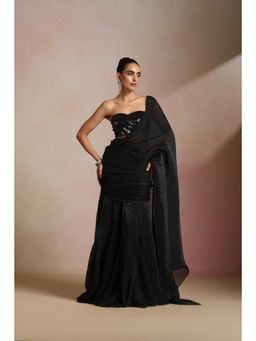 KLISHAA ART - Black Satin Silk Pleated Sequin Predrape Saree