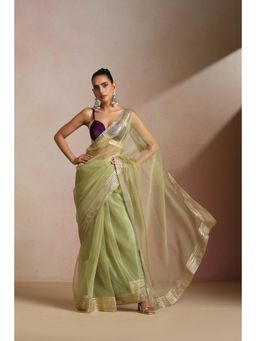 KLISHAA ART - Light Green Organza Gold Striped Border Saree