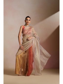 KLISHAA ART - Beige Coral Ombre Organza Saree
