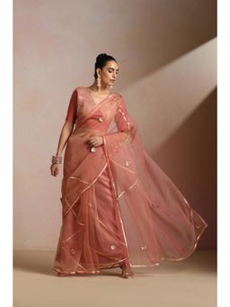 KLISHAA ART - Peach Tissue Gold Foil Motifs and Geometric Lines Saree