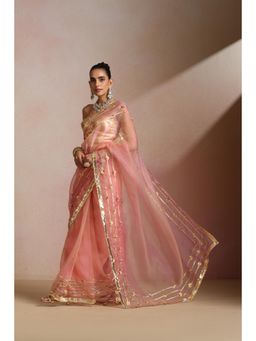 KLISHAA ART - Peach Pink Glass Organza Gold Foil Motifs Saree