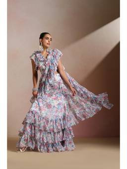 KLISHAA ART - Floral Chiffon Ruffle Gown with Frill Layers Predrape Saree