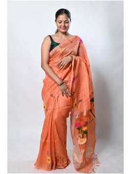 Biyahuti - Orange Women's Handloom Tissue Silk Linen Blend Hand Weaving Needle Work Saree