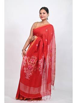 Biyahuti - Women's Red Linen by Linen Handloom Zari Weaving Saree