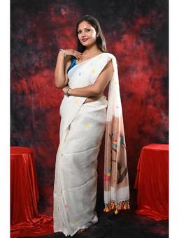 Biyahuti - Women White Linen by Linen Handloom Paithni Aanchal Hand Weaving Needle Work Saree