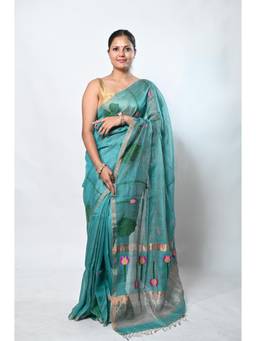 Biyahuti - Women's Blue Handloom Tissue Silk Linen Blend Hand Weaving Needle Work Saree