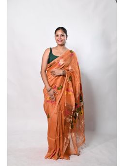Biyahuti - Women's Orange Handloom Tissue Silk Linen Blend Hand Weaving Needle Work Saree