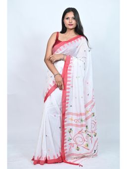 Biyahuti - Women's White Hand Weaving Needle Work Jamdani Cotton Saree