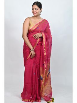 Biyahuti - Women's Magenta Linen by Linen Paithani Aanchal Handloom Saree