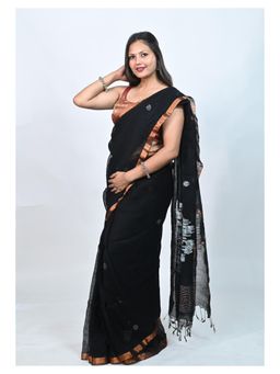 Biyahuti - Women's Black Linen by Linen Handloom Zari Weaving Saree