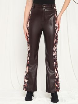 Tandul - Striking Brown Leopard Printed Faux Leather Trouser