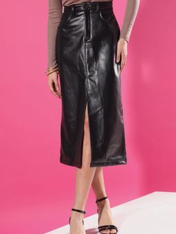 Tandul - Elegant Black Solid Faux Leather Skirt