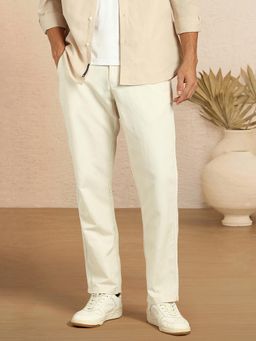 Louis Philippe - Men Beige Solid Flat Front Casual Trouser