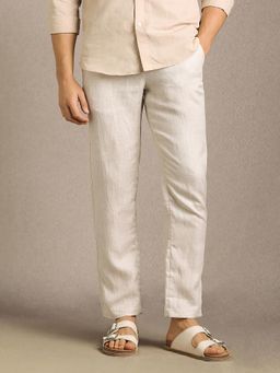 Louis Philippe - Men Off White Textured Flat Front Casual Trouser