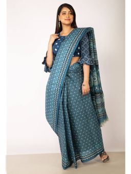 Unnati Silks - Teal Pure Krisha Block Printed Cotton Saree with Unstitched Blouse