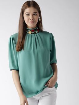 Style Quotient - women Solid Aqua Green Polymoss embroidered smart casual top