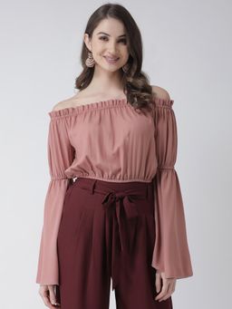 KASSUALLY - Onion Pink Off Shoulder Flared Sleeve Top