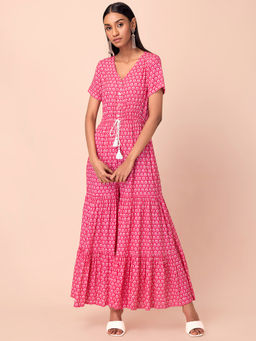 Indya - Pink Floral Drawstring Tiered Jumpsuit