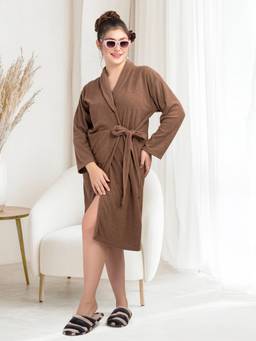 LacyLook - Brown Women's Micro Double Terry Cotton Bath Robe - Shawl Collar
