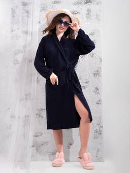 LacyLook - Navy Blue Women's Micro Double Terry Cotton Bath Robe - Shawl Collar