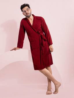 LacyLook - Maroon Men's Micro Double Terry Cotton Bath Robe - Shawl Collar