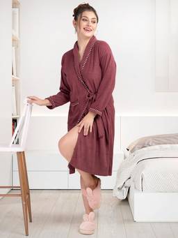 LacyLook - Burgundy Women's Micro Double Terry Cotton Bath Robe - Shawl Collar