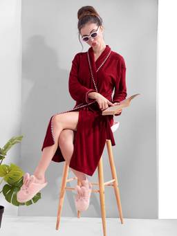 LacyLook - Maroon Women's Micro Double Terry Cotton Bath Robe - Shawl Collar