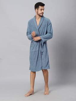 LacyLook - Blue Men's Micro Double Terry Cotton Bath Robe - Shawl Collar